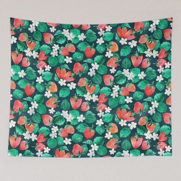 Item preview, Delicious Fresh Strawberry Floral in Watercolor on Dark Blue Pattern designed and sold by micklyn.