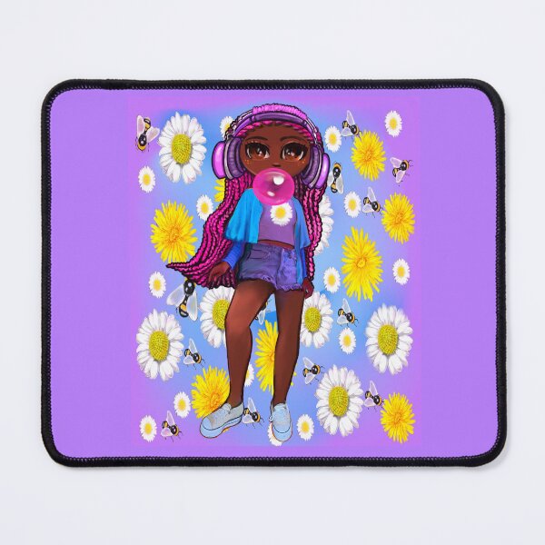 Item preview, Cool edgy black girl blowing bubble gum pink braids wearing headphones and ripped jeans with Afro hair African American Melanin Queen designed and sold by Artonmytee.