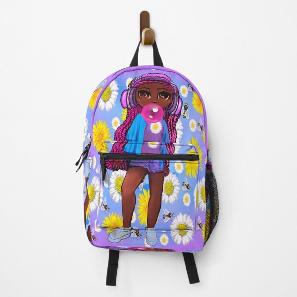 Item preview, Cool edgy black girl blowing bubble gum pink braids wearing headphones and ripped jeans with Afro hair African American Melanin Queen designed and sold by Artonmytee.