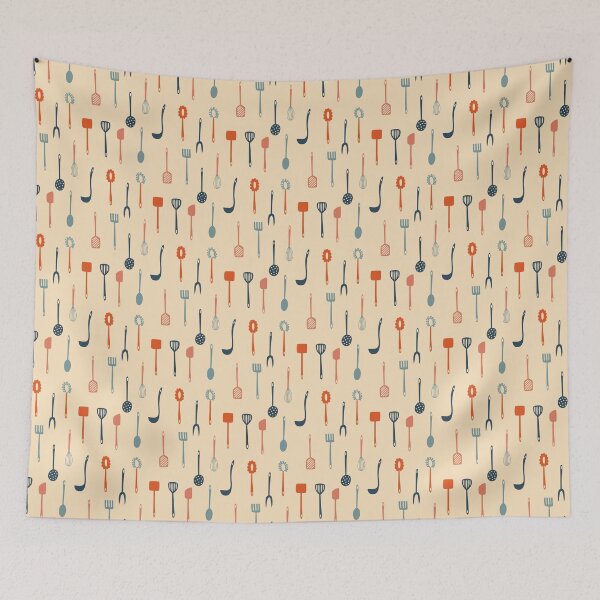 Item preview, Collection of various vintage colored kitchen utensils pattern designed and sold by TinyFlowerArt.