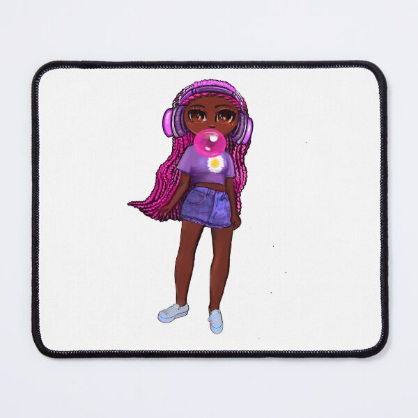 Item preview, Cool edgy black girl blowing bubble gum 3 pink braids wearing headphones and ripped jeans with Afro hair African American Melanin Queen designed and sold by Artonmytee.