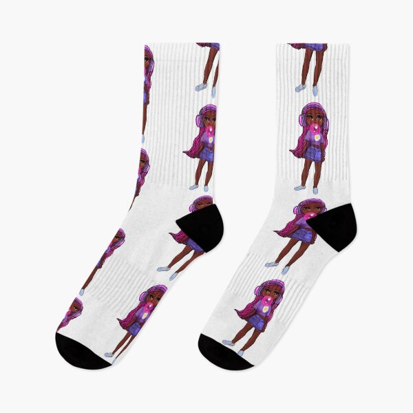Item preview, Cool edgy black girl blowing bubble gum 3 pink braids wearing headphones and ripped jeans with Afro hair African American Melanin Queen designed and sold by Artonmytee.