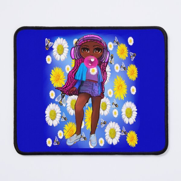 Item preview, Cool edgy black girl blowing bubble gum pink braids wearing headphones and ripped jeans with Afro hair African American Melanin Queen designed and sold by Artonmytee.