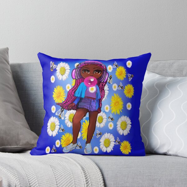 Item preview, Cool edgy black girl blowing bubble gum pink braids wearing headphones and ripped jeans with Afro hair African American Melanin Queen designed and sold by Artonmytee.