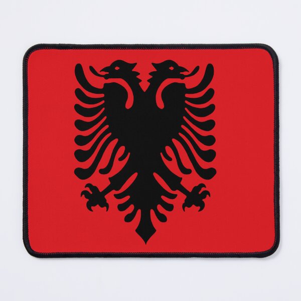 Item preview, Albanian National flag depicts a silhouetted black double-headed eagle designed and sold by Peter Etchells.