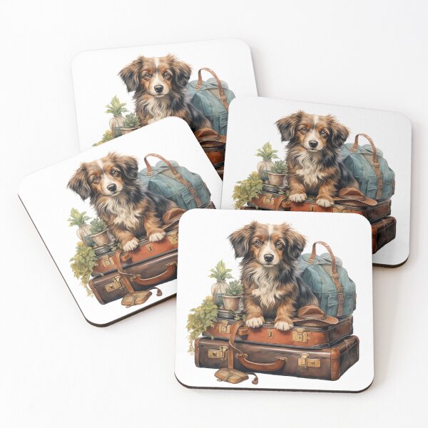 Item preview, Boho dog on suitcase - watercolor travel illustration designed and sold by Daydreamsatdawn.