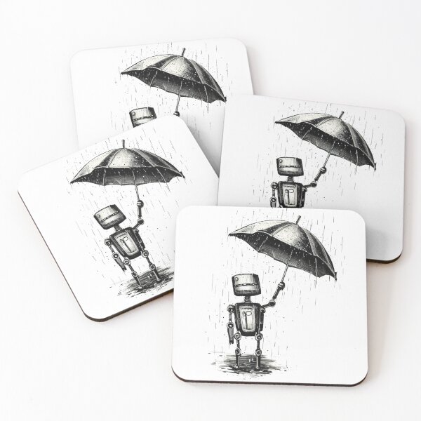 Item preview, Little Lonely Robot With Umbrella Pencil Sketch Black And White Rainy Weather designed and sold by Cr320.