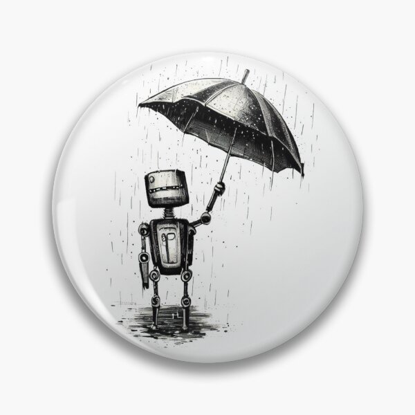 Artikelvorschau, Kleiner einsamer Roboter mit Regenschirm. Bleistiftskizze. Schwarz-weißes Regenwetter entworfen und verkauft von Cr320.