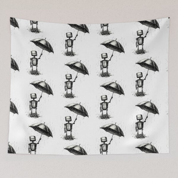 Item preview, Little Lonely Robot With Umbrella Pencil Sketch Black And White Rainy Weather designed and sold by Cr320.