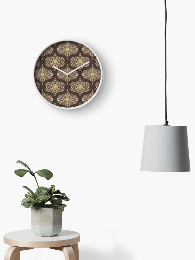 Clock, Warm Neutrals Pistachio Biscotti Dot Mandala Retro Ogee designed and sold by Triplicate Limited