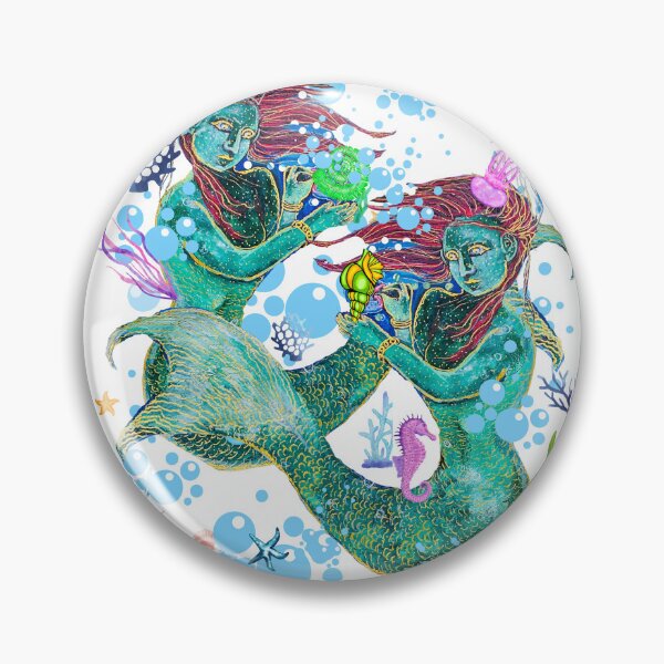 Item preview, Two beautiful princess mermaid on the ocean whit horse sea alga’s bubbles  designed and sold by Shinetroves.