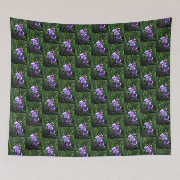 Item preview, Sunlit Bi-color Purple Irises in a Lush Green Garden designed and sold by Georgia Mizuleva.