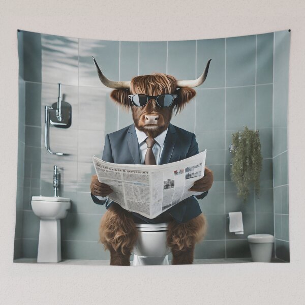 Item preview, Highland Cow Sitting on the Toilet Art designed and sold by ConfettiSkyArt.