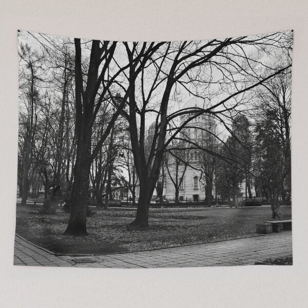 Item preview, Nativity Of Christ Cathedral from the park. Riga 2024 bw designed and sold by Jouko Lehto Photography.