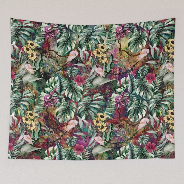 Item preview, Exotic turquoise forest, leaves and flowers tropical pattern, botanical illustration, multicoloured red floral illustration   designed and sold by ZeinabTaha.