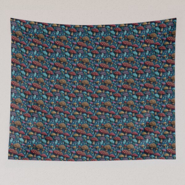 Item preview, Crocheted mushrooms on blue background. Red and blue mushrooms in cottagecore style. Mushroom crochet pattern. Medicinal mushrooms. designed and sold by SculpterioShop.