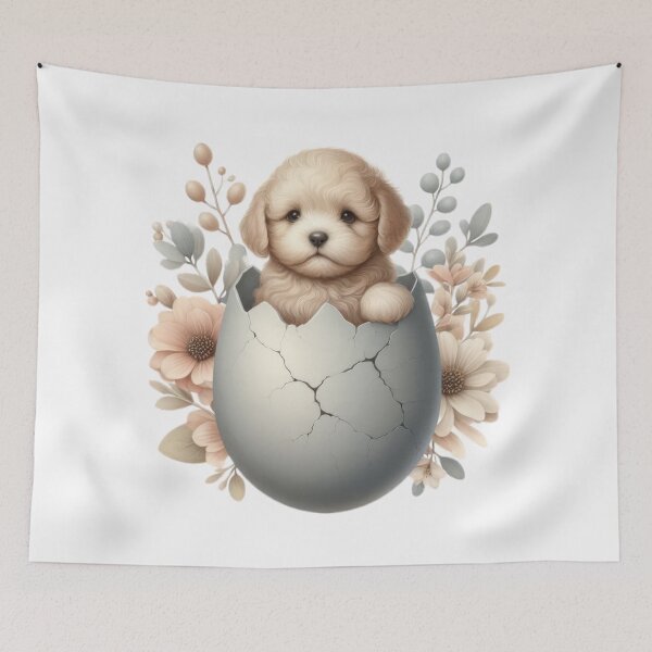 Item preview,  little dog in an egg shell  with flowers Easter cute animals watercolor drawing designed and sold by Expressions-Sel.