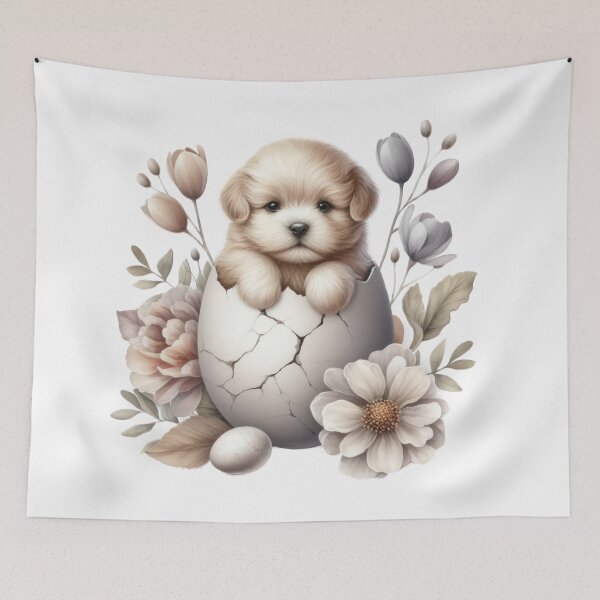Item preview,  little brown dog  in an egg shell  with flowers Easter cute animals watercolor drawing designed and sold by Expressions-Sel.