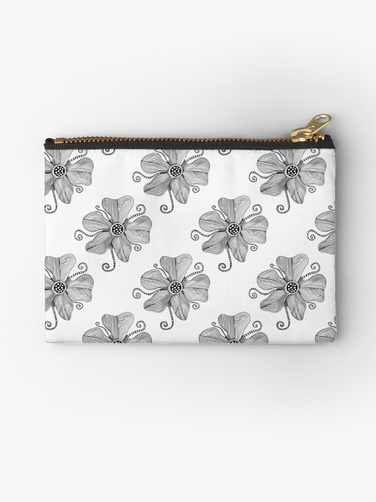 Zipper Pouch, Monochrome Topography Flower Tangle Polka Dot designed and sold by Triplicate Limited