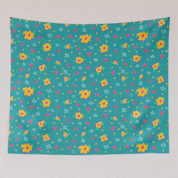 Aperçu de l'œuvre Fond Aqua Style Cottage Fleurs Jaunes créée et vendue par CheriesArt.