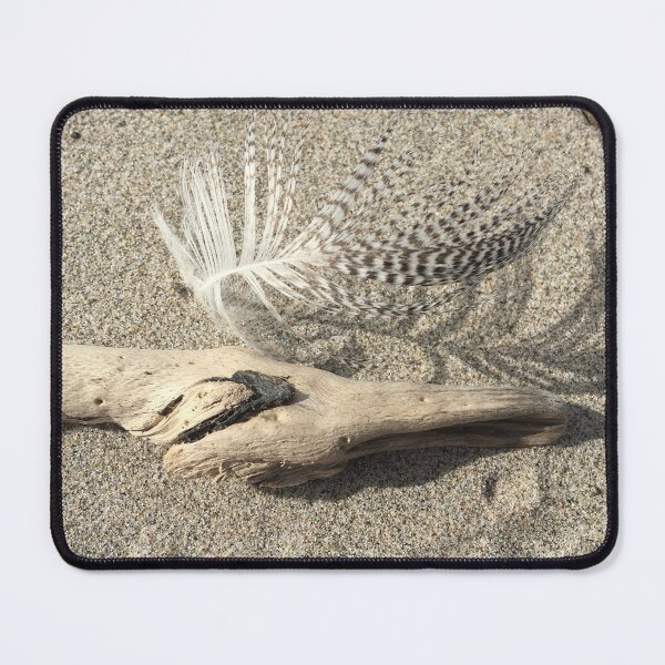 Item preview, Feather next to driftwood in the sand at the beach  designed and sold by HWCanada.