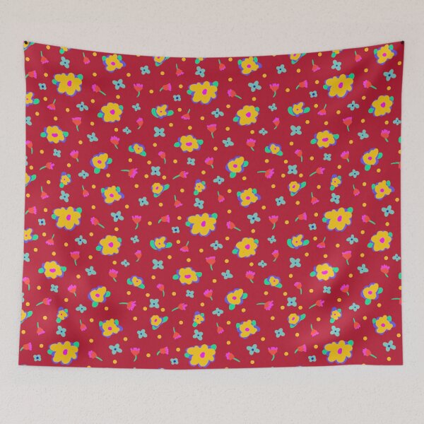Aperçu de l'œuvre Fond Rouge Style Cottage Fleurs Jaunes créée et vendue par CheriesArt.