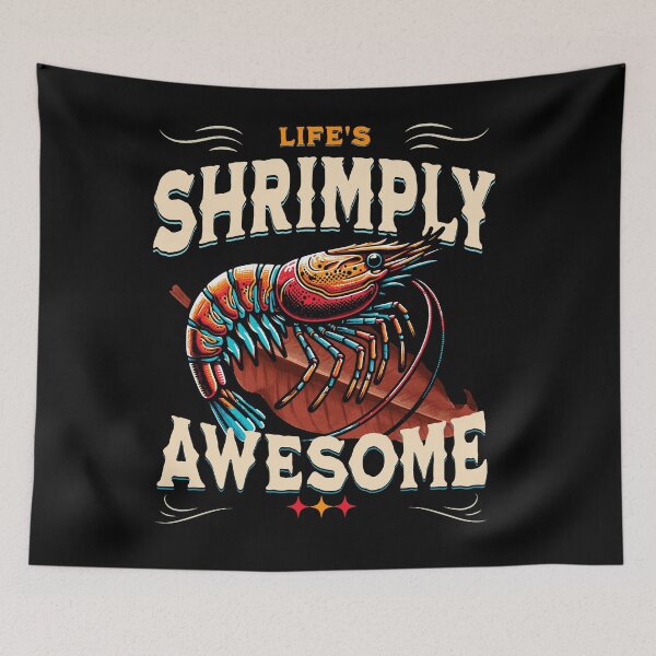 Item preview, Shrimply Awesome, shrimp on tropical almond leaf designed and sold by FinFriends.