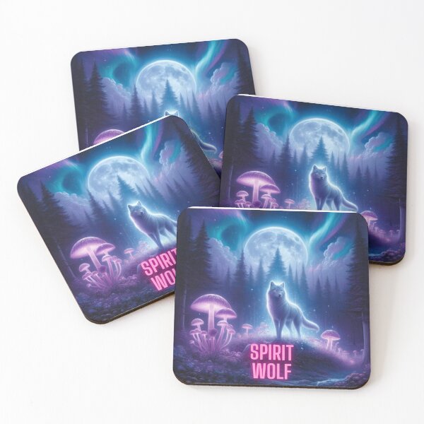 Item preview, Spirit wolf, Magic mushrooms, moon, northern lights, evergreen trees designed and sold by Kahmarr Tyler.