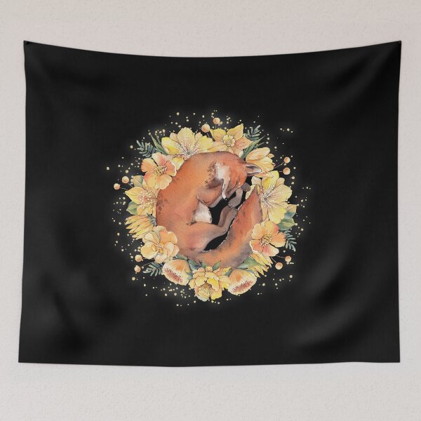 Item preview, Sleeping fox surrounded by magical yellow flowers in watercolor style designed and sold by AnaVerana.