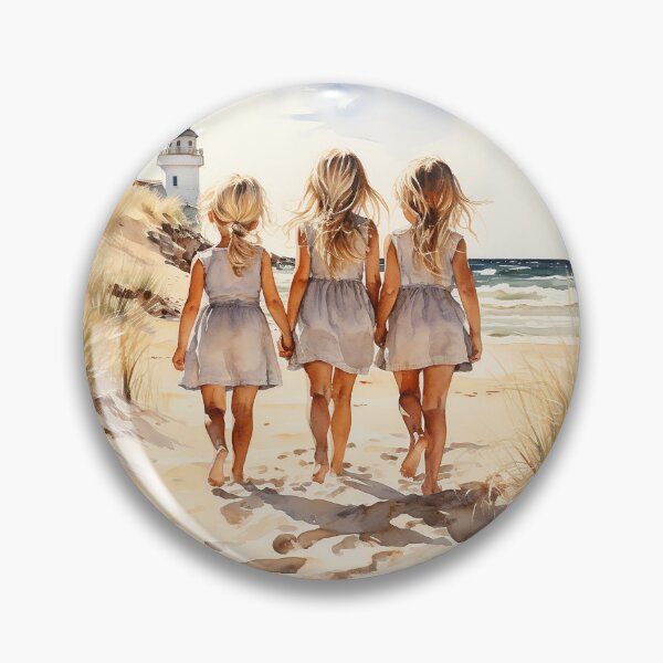 Item preview, Seashell Sisters - Three Blonde Girls Walking Hand-In-Hand On The Beach - Children Art - Watercolor Art designed and sold by CastleBySea.