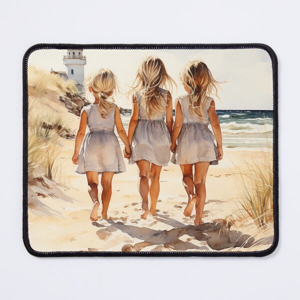 Item preview, Seashell Sisters - Three Blonde Girls Walking Hand-In-Hand On The Beach - Children Art - Watercolor Art designed and sold by CastleBySea.