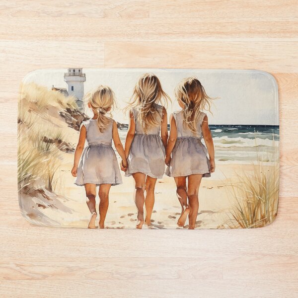Item preview, Seashell Sisters - Three Blonde Girls Walking Hand-In-Hand On The Beach - Children Art - Watercolor Art designed and sold by CastleBySea.
