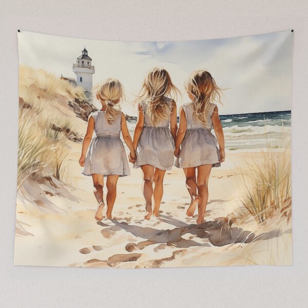 Item preview, Seashell Sisters - Three Blonde Girls Walking Hand-In-Hand On The Beach - Children Art - Watercolor Art designed and sold by CastleBySea.