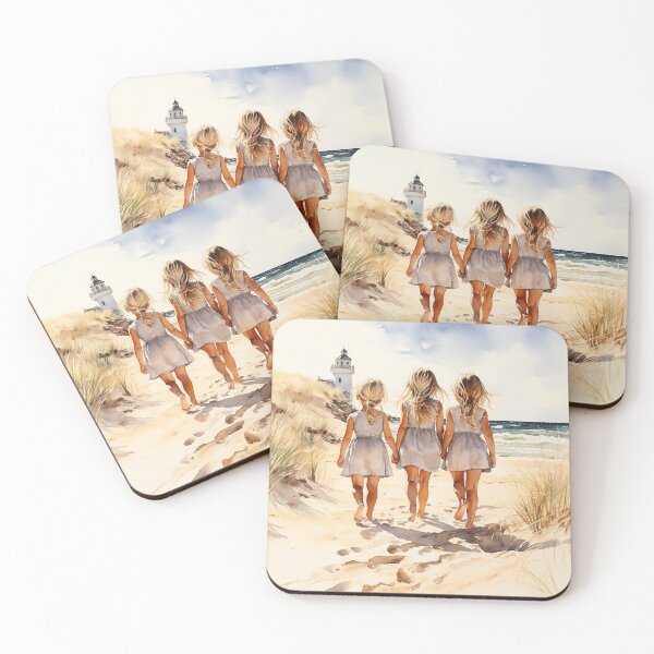 Item preview, Seashell Sisters - Three Blonde Girls Walking Hand-In-Hand On The Beach - Children Art - Watercolor Art designed and sold by CastleBySea.