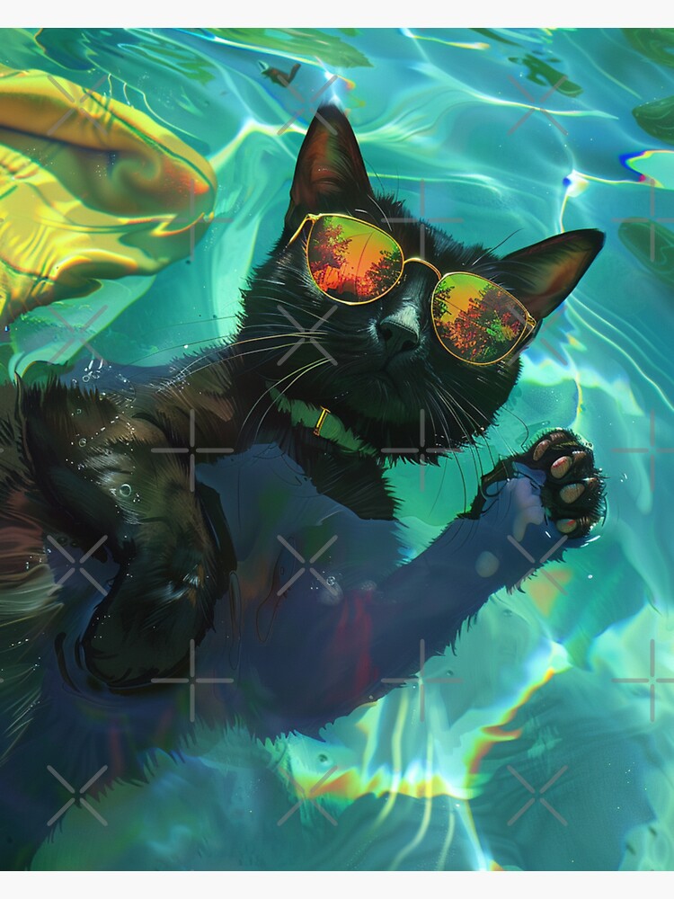 Black Cat Floating in the Pool with Shades