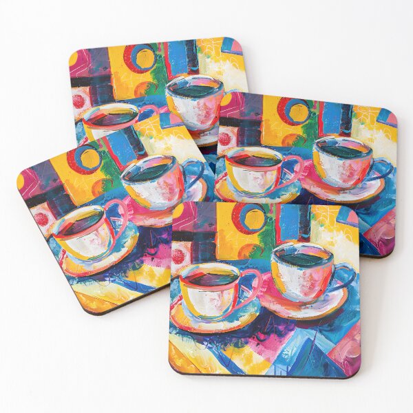 Item preview, Coffee Dynamic Duo- Vibrant Cups on Saucers Amid Abstract Geometric Brushstrokes designed and sold by OlfactoART Studio.