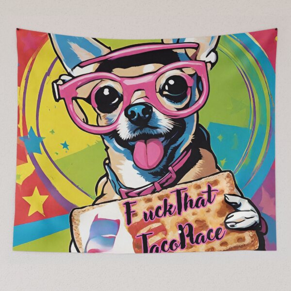 Item preview, Whimsical Pop Art Drawing of A Colorful Chihuahua Eating a Funnel Cake  designed and sold by Wolvescreate.