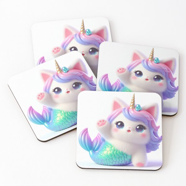 Item preview, mermaid caticorn, very cute, smiling and waving her paw, white background designed and sold by jetaiart.