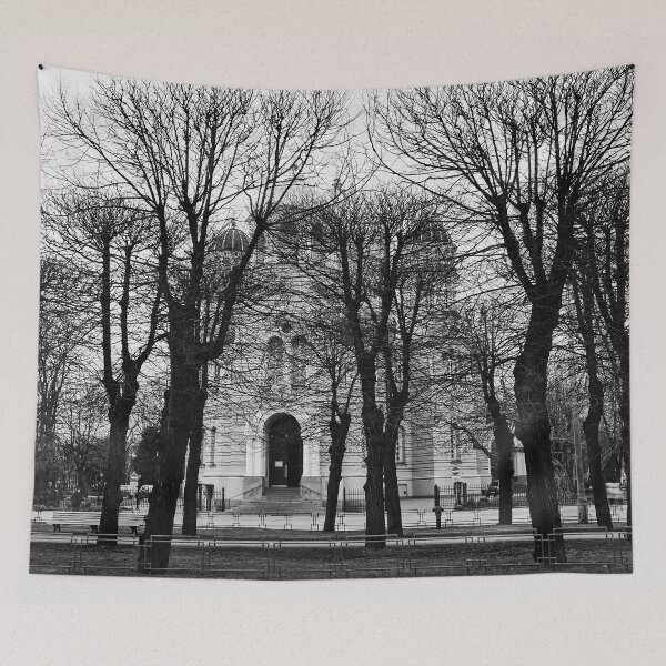 Item preview, Black trees and Nativity Of Christ Cathedral. Riga 2024 bw designed and sold by Jouko Lehto Photography.