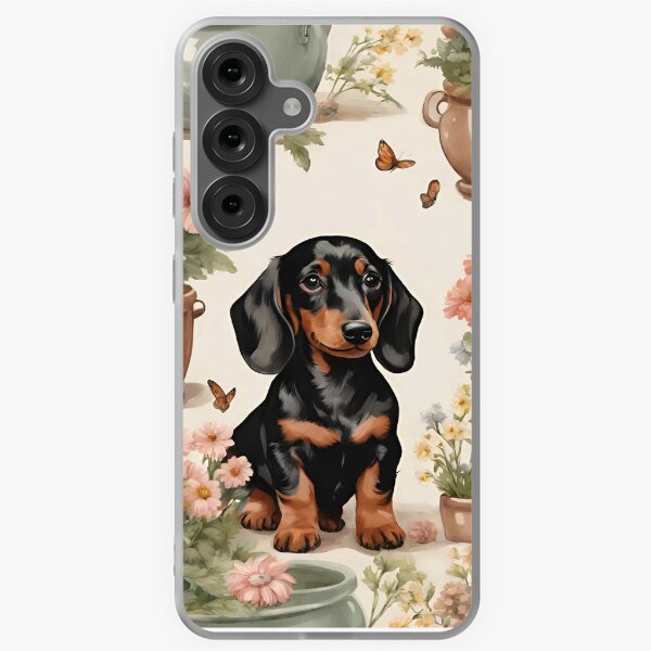 Vista previa del artículo con la obra «Cute gardening with my dog daschund black brown dog garden flowers mom lover vintage», diseñado y vendido por SoulfulT.