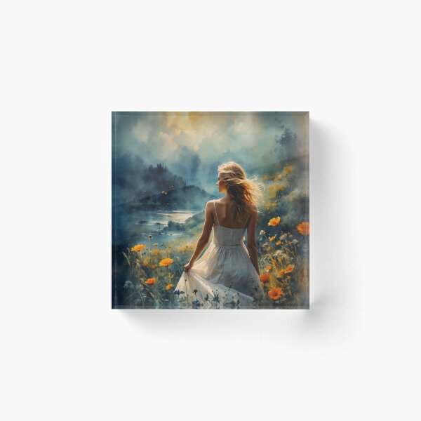 Item preview, A Woman Amidst Blossoming Flowers Overlooks a Serene Lake designed and sold by Animepic222.