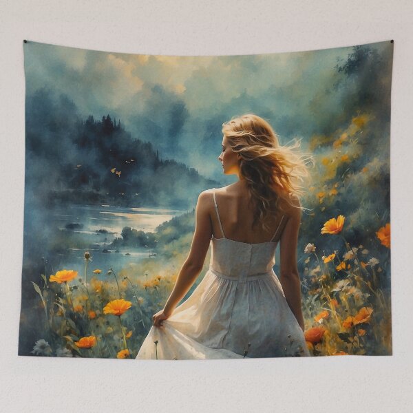 Item preview, A Woman Amidst Blossoming Flowers Overlooks a Serene Lake designed and sold by Animepic222.