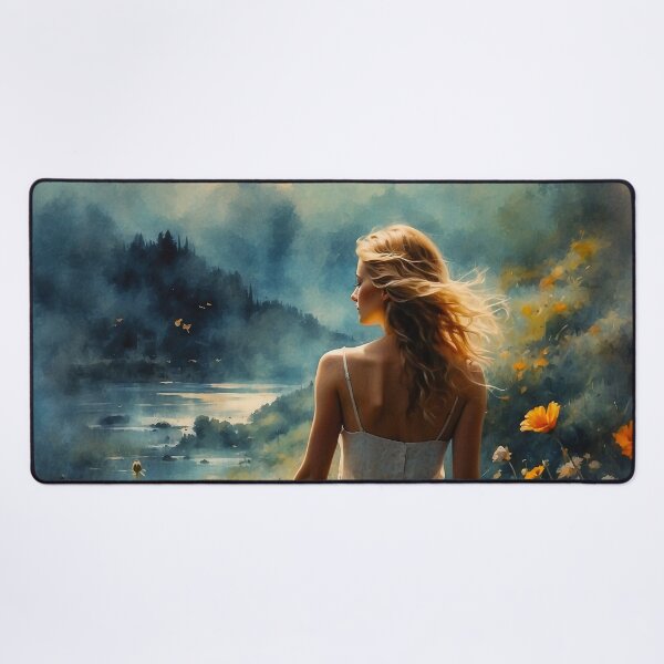 Item preview, A Woman Amidst Blossoming Flowers Overlooks a Serene Lake designed and sold by Animepic222.