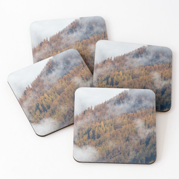 Item preview, Autumnal larch forest with orange yellow colors in the fog designed and sold by adriiicase.