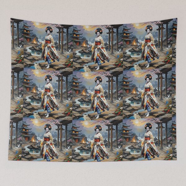 Item preview, Beautiful abstract geisha, kimono , on Kyoto's Street, pagoda  designed and sold by Coolparrotgirl.