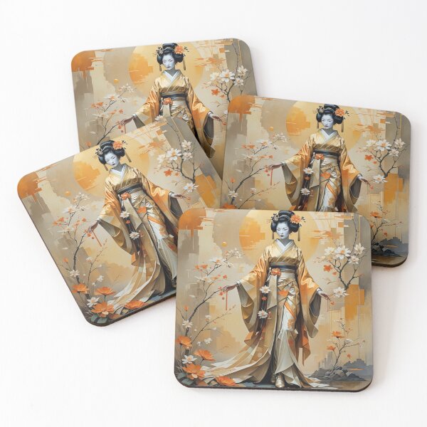 Item preview, Beautiful abstract geisha, kimono , in sunrise with flowers designed and sold by Coolparrotgirl.