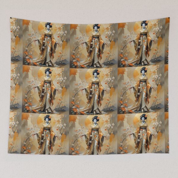 Item preview, Beautiful abstract geisha, kimono , in sunrise with flowers designed and sold by Coolparrotgirl.