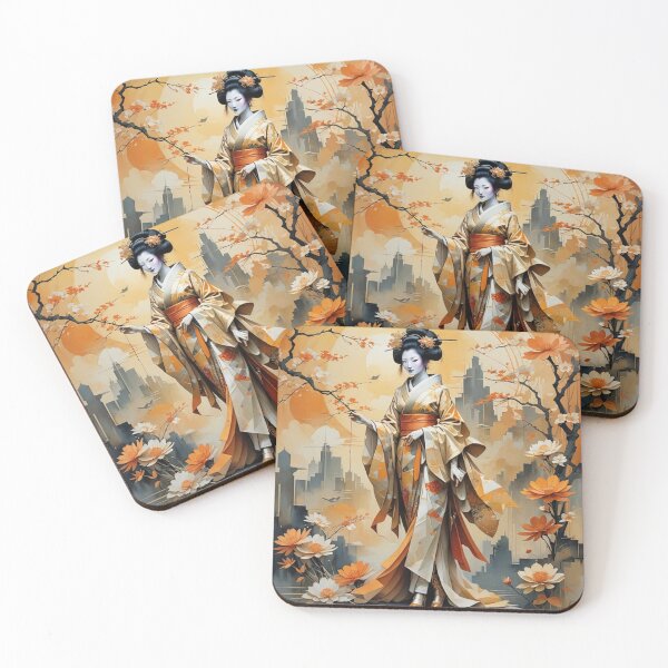 Item preview, Beautiful abstract geisha, kimono , in sunrise with flowers designed and sold by Coolparrotgirl.