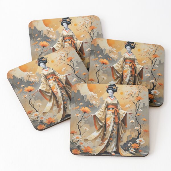 Item preview, Beautiful abstract geisha, kimono , in sunrise with flowers designed and sold by Coolparrotgirl.
