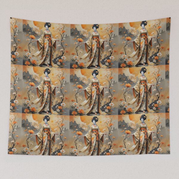 Item preview, Beautiful abstract geisha, kimono , in sunrise with flowers designed and sold by Coolparrotgirl.